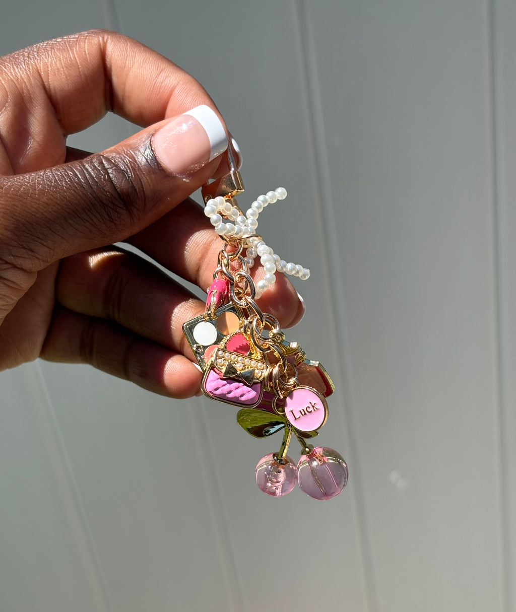 Coquette Cluster Bag Charm Keychain – Lipstick, Bow & Cherry Pearl Keyring