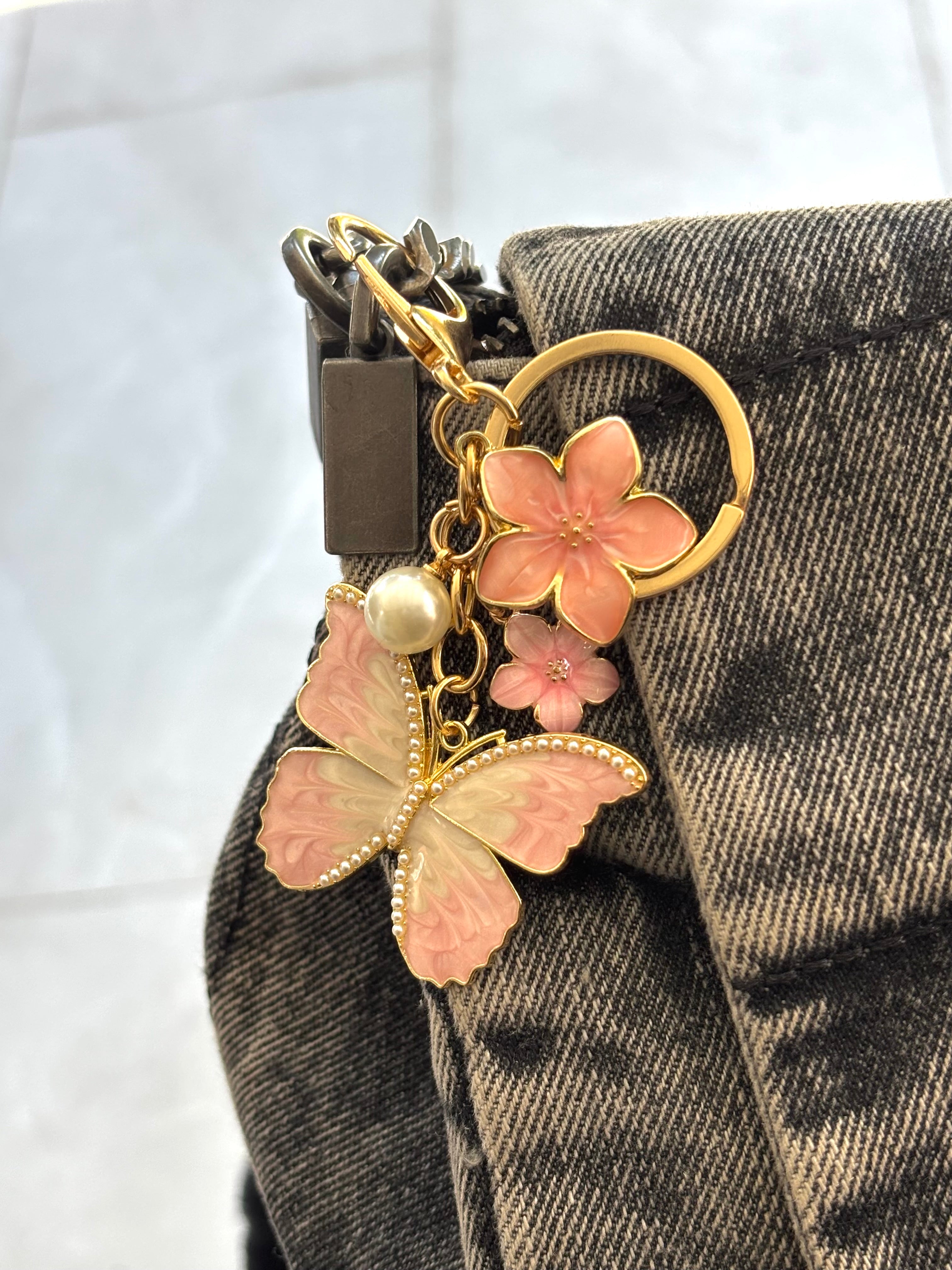 Butterfly & Flower Bag Charm Keychain – Pearl Enamel Keyring