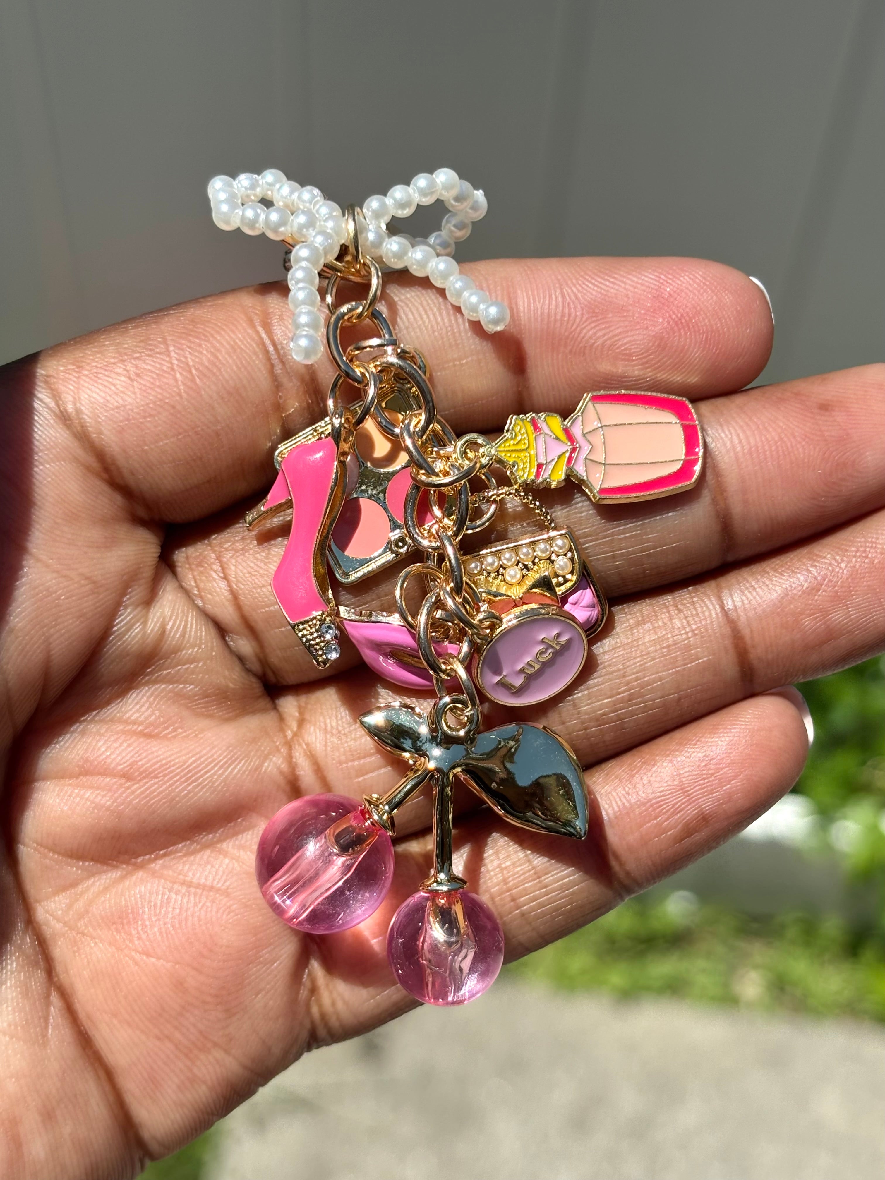 Coquette Cluster Bag Charm Keychain – Lipstick, Bow & Cherry Pearl Keyring