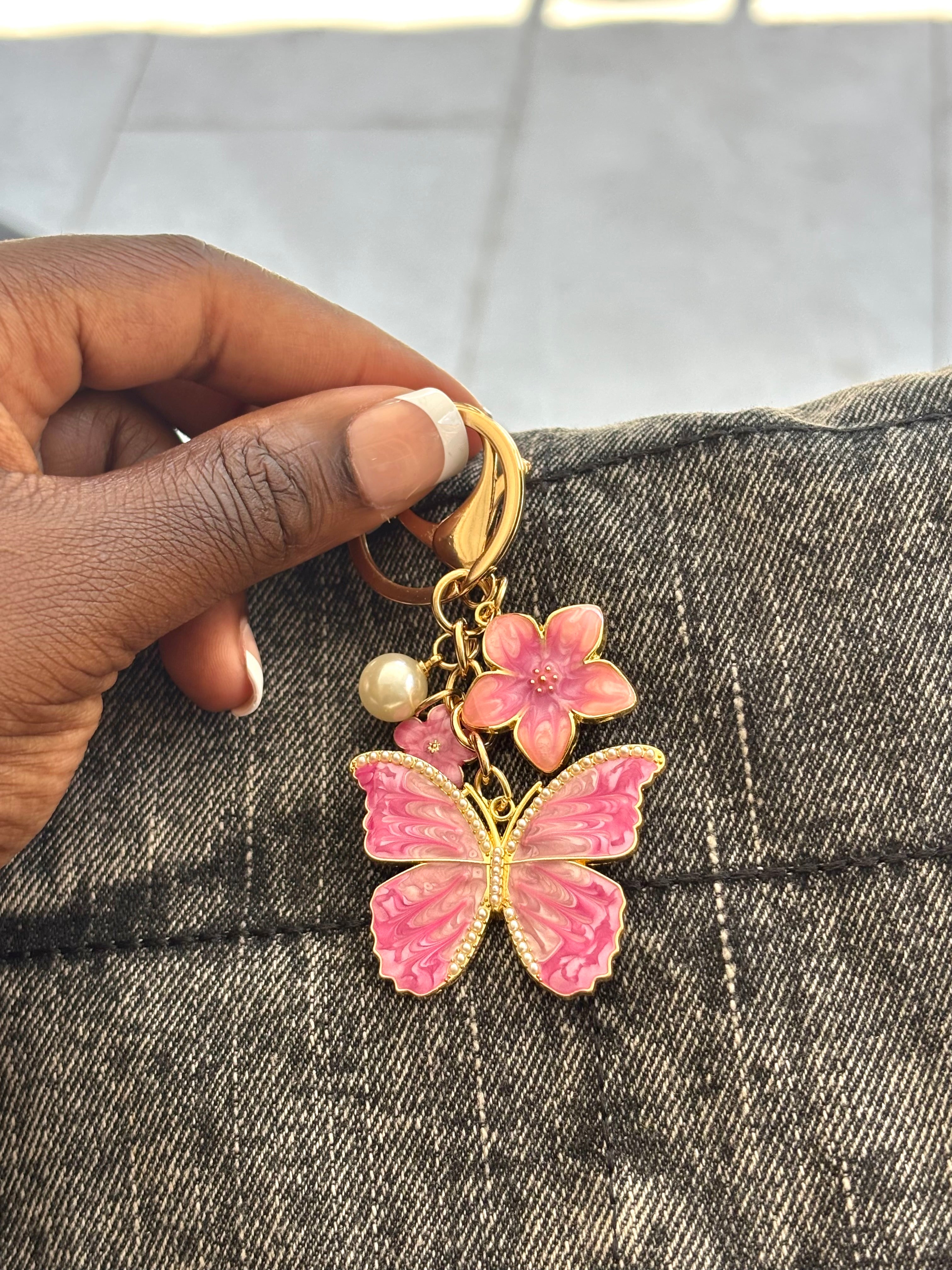 Butterfly & Flower Bag Charm Keychain – Pearl Enamel Keyring