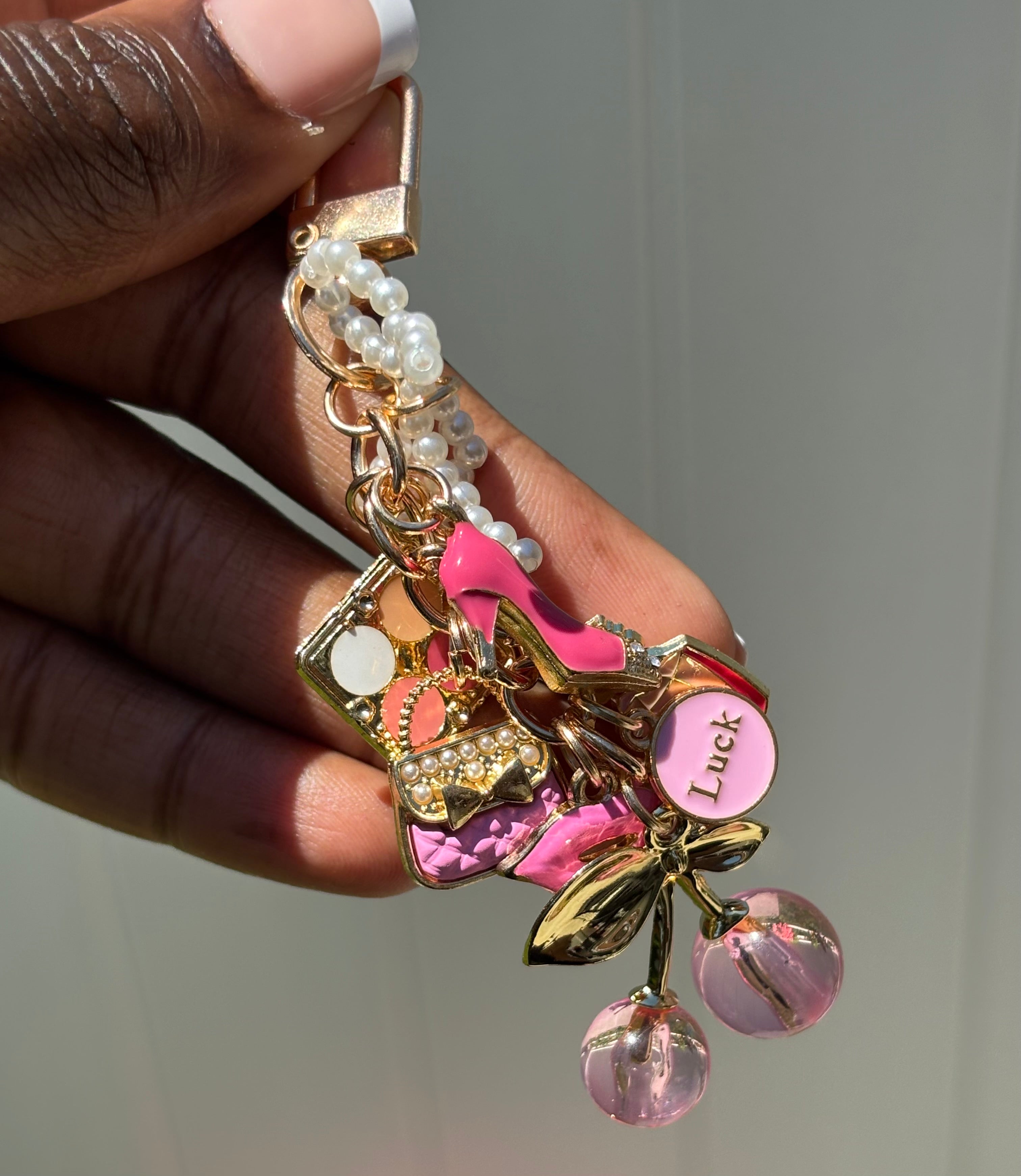 Coquette Cluster Bag Charm Keychain – Lipstick, Bow & Cherry Pearl Keyring