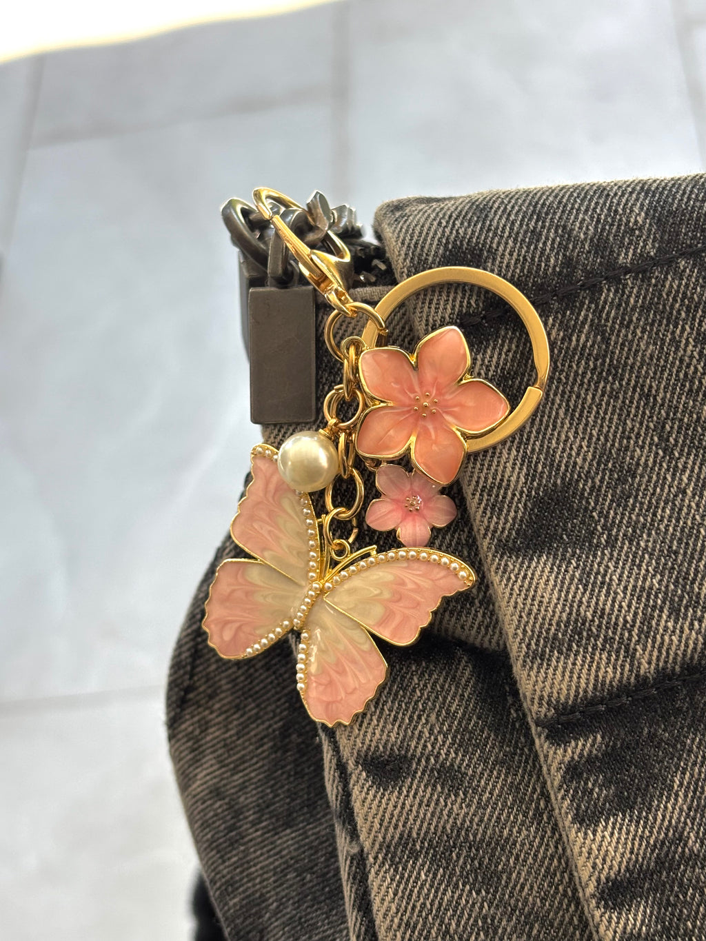 Butterfly & Flower Bag Charm Keychain – Pearl Enamel Keyring