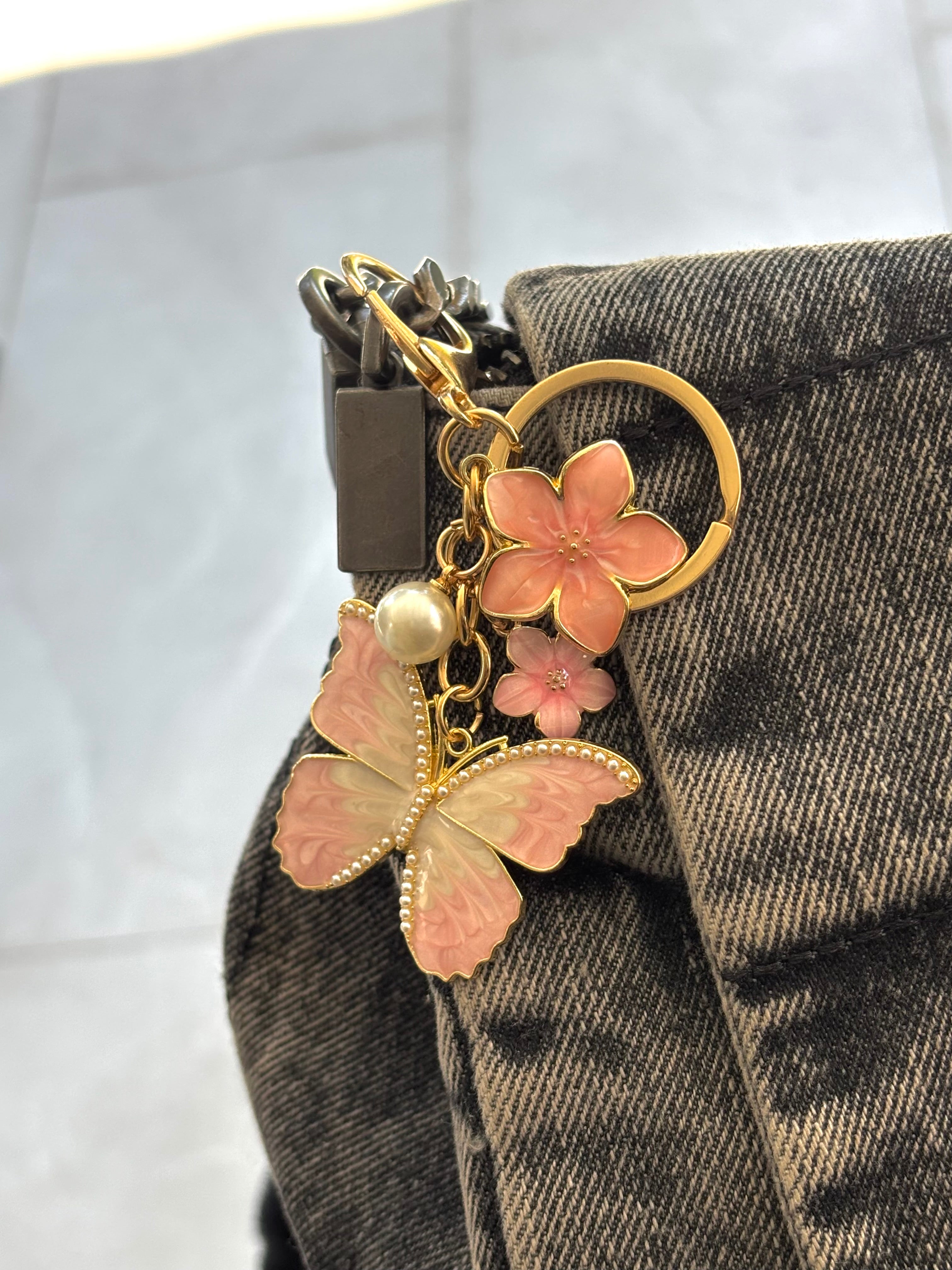 Butterfly & Flower Bag Charm Keychain – Pearl Enamel Keyring