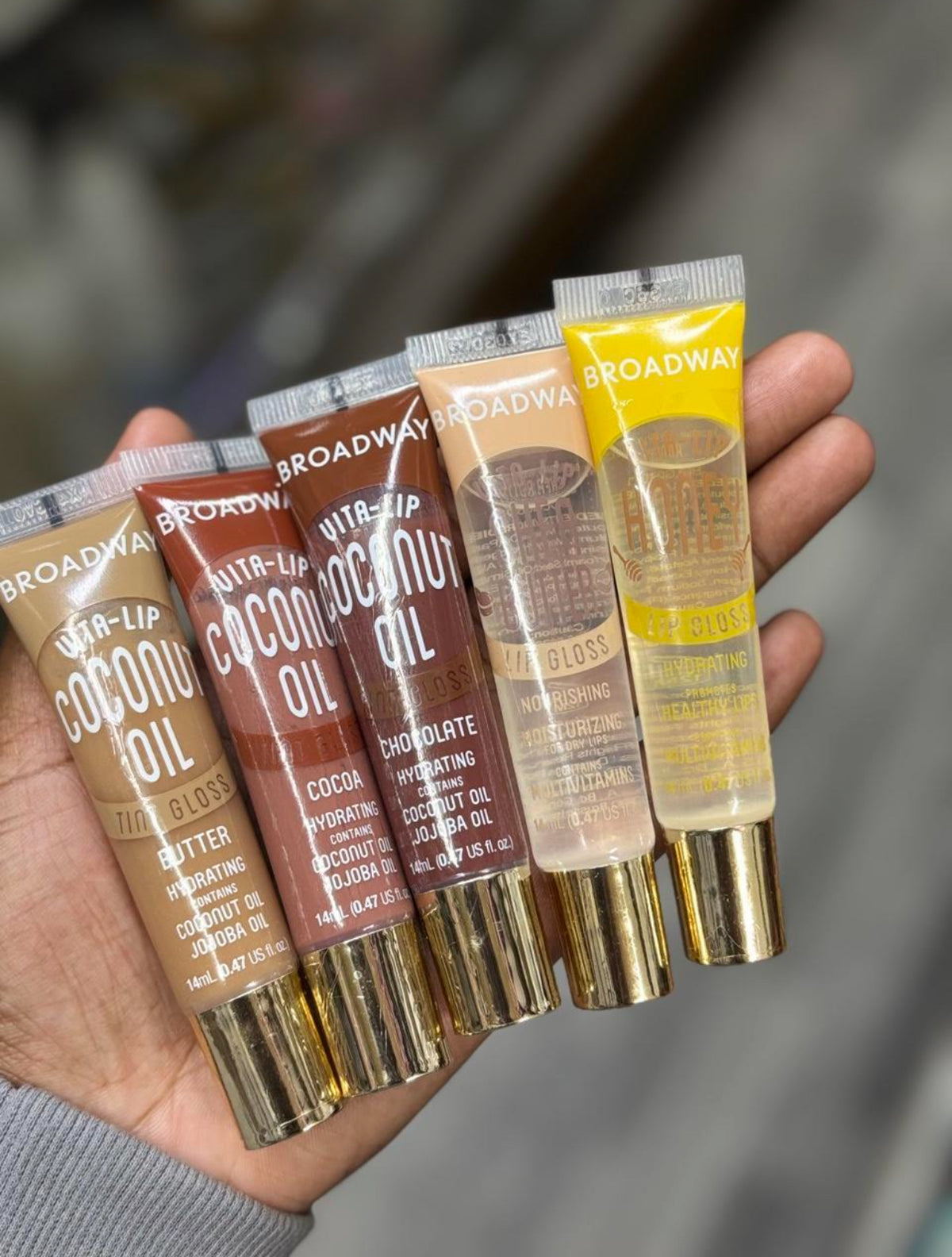 Broadway Vita-Lip Lip Gloss Set of 5 Coconut Oil Honey Butter Cocoa Chocolate