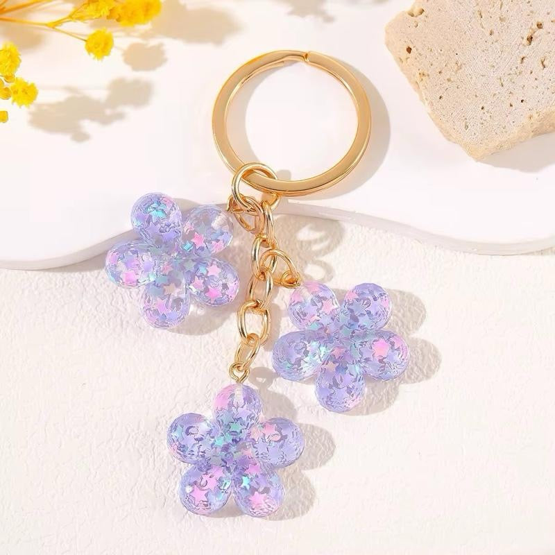 Glitter Flower Keychain Y2K Kawaii Bag Charm -- Resin Daisy Star Confetti Keyring, Cute Aesthetic Purse Accessory Coquette Gift for Her