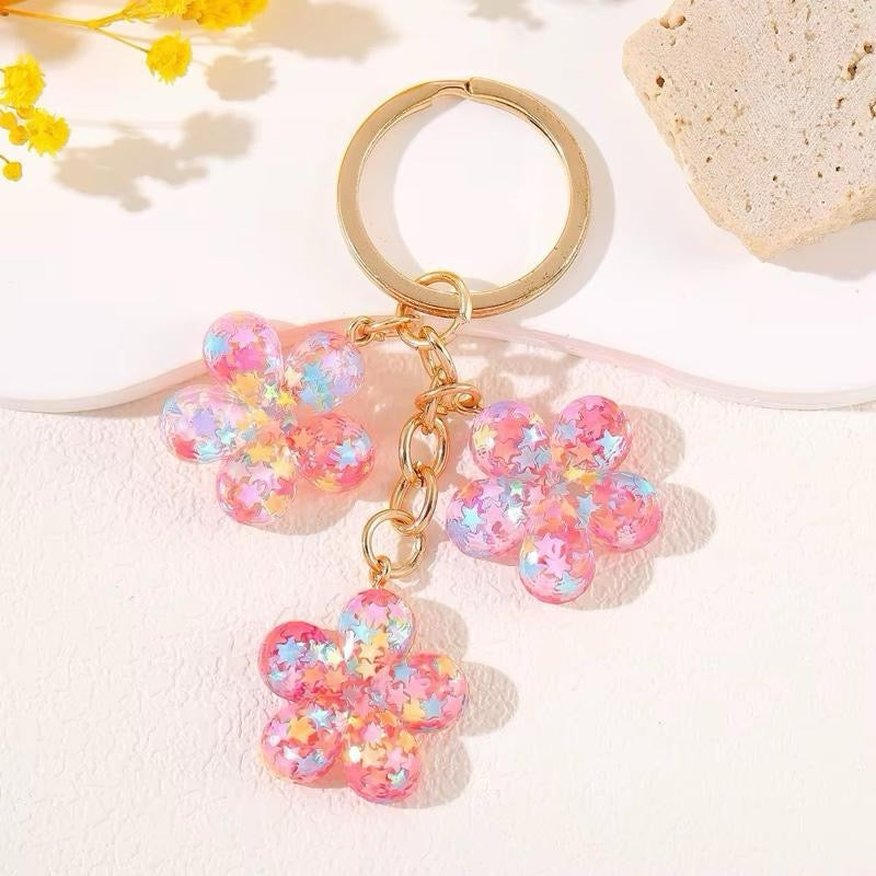 Glitter Flower Keychain Y2K Kawaii Bag Charm -- Resin Daisy Star Confetti Keyring, Cute Aesthetic Purse Accessory Coquette Gift for Her