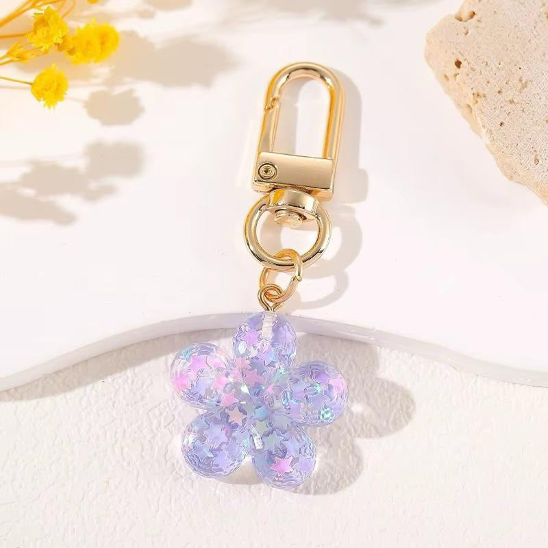 Glitter Flower Keychain Y2K Kawaii Bag Charm -- Resin Daisy Star Confetti Keyring, Cute Aesthetic Purse Accessory Coquette Gift for Her