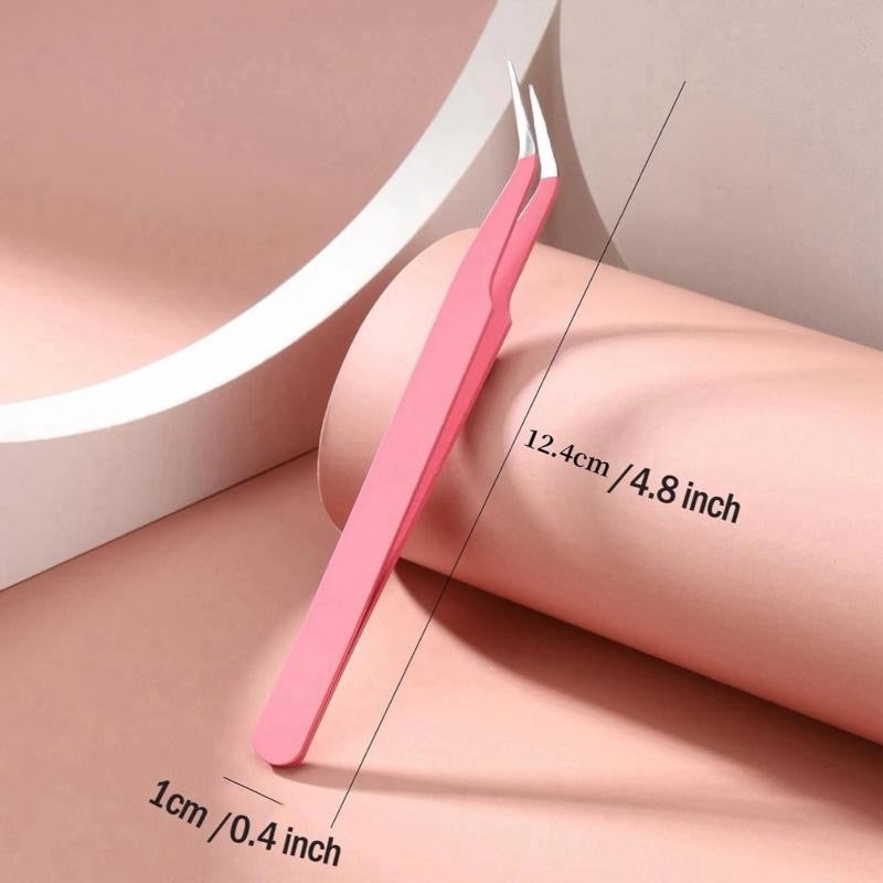 Precision Lash Application Tweezers – Curved Tip Stainless Steel Tool (Pink)